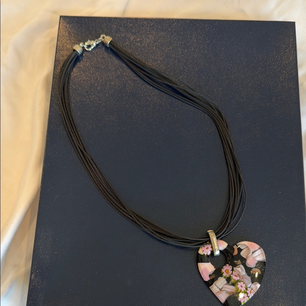 Black Multi-Strand Necklace with Pink Floral Heart Pendant